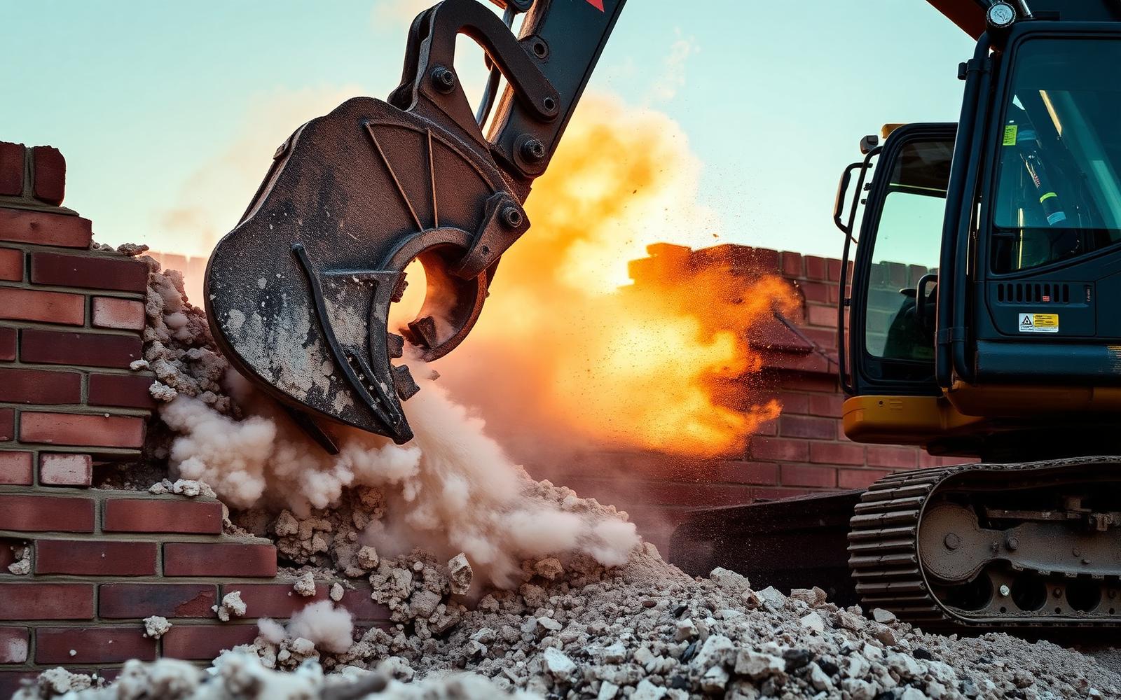 Excavator with hydraulic claw demolishing a brick wall